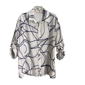 Soft Surroundings White Blue Embroidered Roll Tab Sleeve Tunic Lagenlook